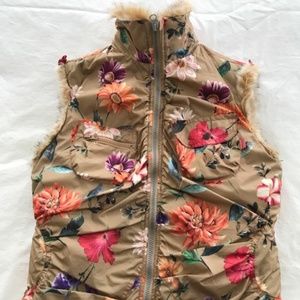 Oilily Brown Floral Ruched Faux Fur Puffer Vest